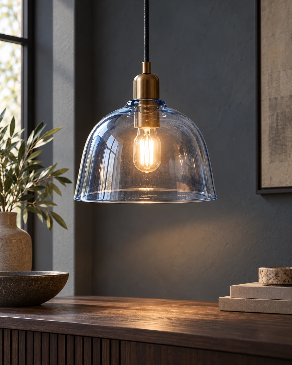 Blue dome shade in a styled setting
