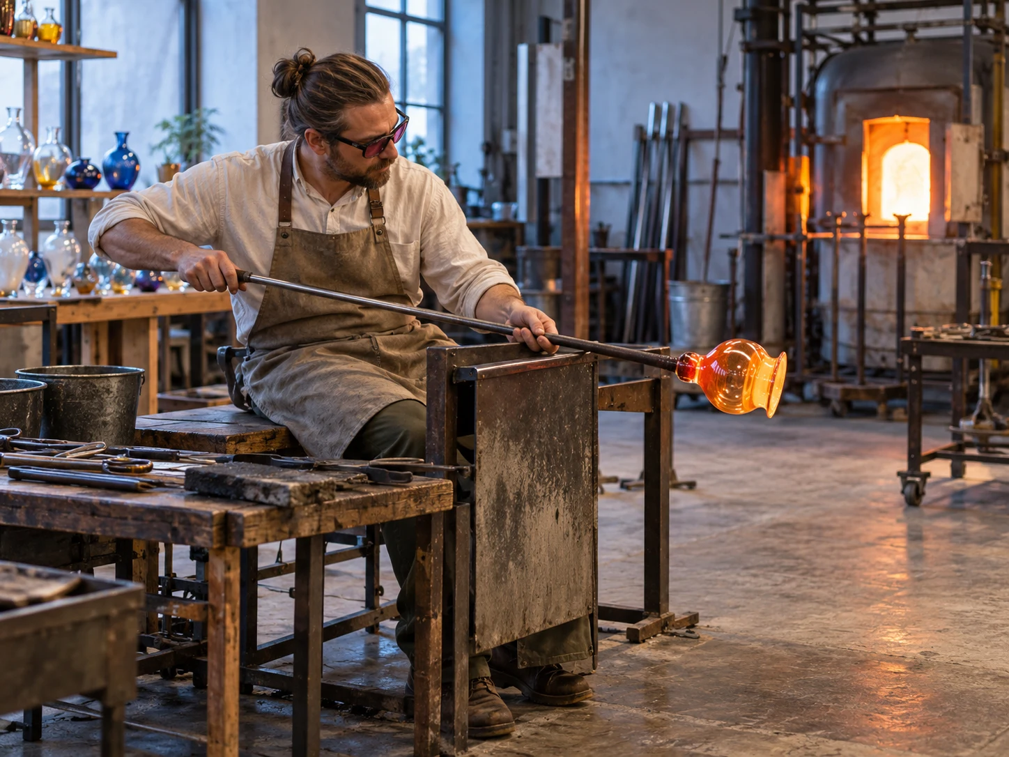 Illustrative hot-glass shaping at a workshop bench