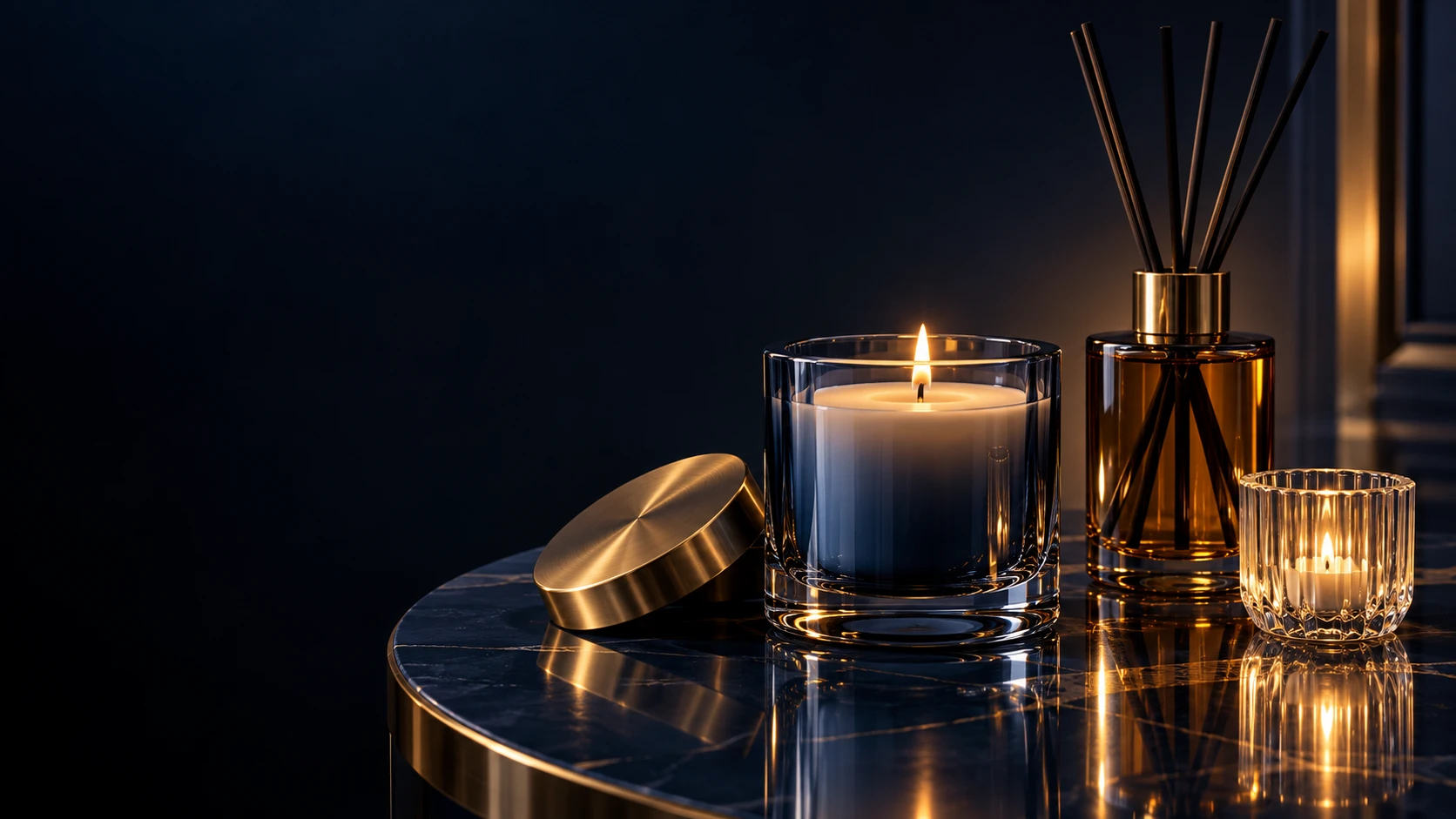 Candle glass and amber reed diffuser in warm light